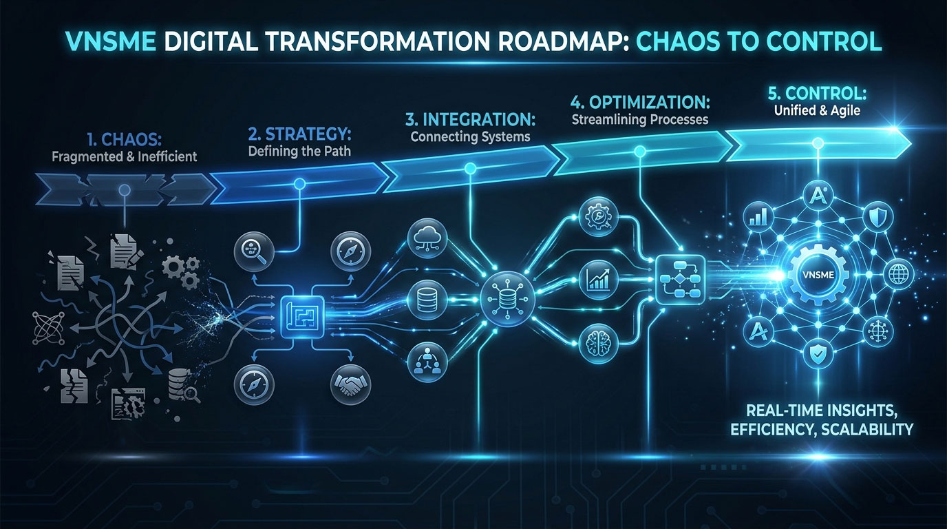 Sơ đồ Digital Transformation Roadmap 5 bước: Chaos, Assessment, Integration, Optimization, Control